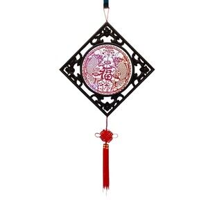 Asian Two Side Porcelain Plate Carved Brown Frame Red Tassel Wall Decor 32in